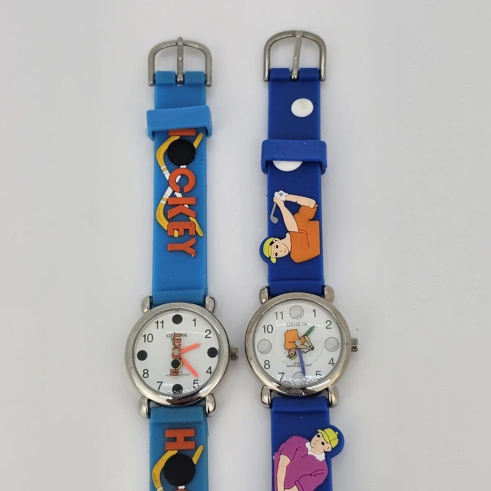 2X Kids Hockey Golf Sport Watches 27MM White Dial Blue Plastic Bands New Battery